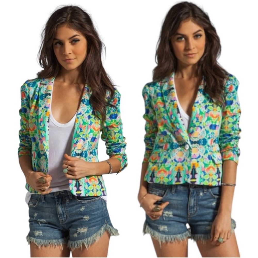 Milly Multicolor Floral Print Blazer with Bright Pink Trim